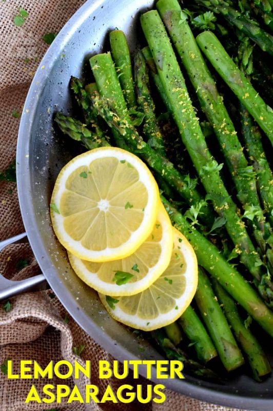 Lemon Butter Asparagus is as simple as it gets - gently sautéed asparagus in a little butter with lemon juice and lemon zest.  Bright and refreshing; a perfect spring and summer side! #asparagus #fresh #saute #skillet #lemon #butter #fried