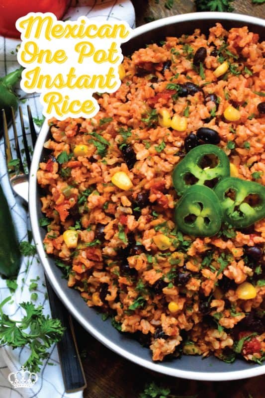 Toss everything into one pot, stir to combine, and let it go! That's just how easy it is to prepare this Mexican One Pot Instant Rice!  It's a delicious side served hot or at room temperature. Try it stuffed into a burrito with chicken, beef, or pork! #mexican #rice #instantrice #cornandbeans #side