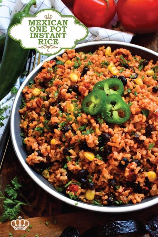 Toss everything into one pot, stir to combine, and let it go! That's just how easy it is to prepare this Mexican One Pot Instant Rice!  It's a delicious side served hot or at room temperature. Try it stuffed into a burrito with chicken, beef, or pork! #mexican #rice #instantrice #cornandbeans #side