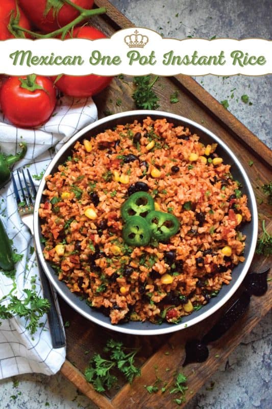Toss everything into one pot, stir to combine, and let it go! That's just how easy it is to prepare this Mexican One Pot Instant Rice!  It's a delicious side served hot or at room temperature. Try it stuffed into a burrito with chicken, beef, or pork! #mexican #rice #instantrice #cornandbeans #side