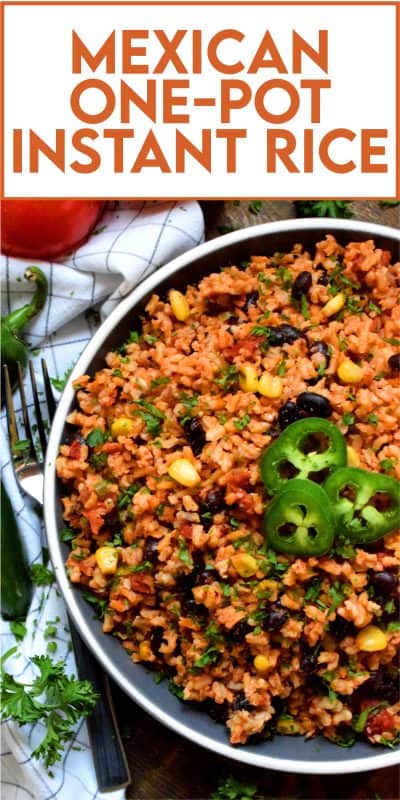 Toss everything into one pot, stir to combine, and let it go! That's just how easy it is to prepare this Mexican One Pot Instant Rice!  It's a delicious side served hot or at room temperature. Try it stuffed into a burrito with chicken, beef, or pork! #mexican #rice #instantrice #cornandbeans #side
