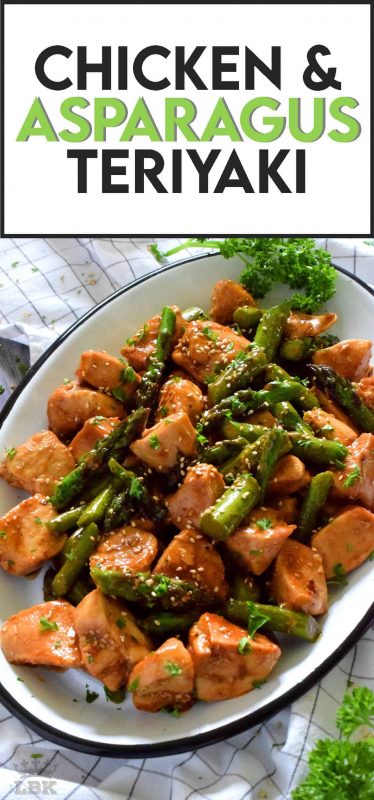 Tender chunks of seasoned chicken breasts sauteed with fresh asparagus in a homemade teriyaki sauce - this healthy dinner is quick, easy, and delicious!#asparagus #chicken #teriyaki #sauce #stirfry #skillet #breasts