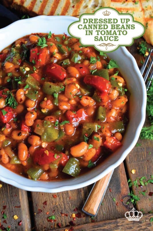 With the help of some fresh vegetables and a few herbs and spices from your pantry or spice rack, this Dressed Up Canned Beans in Tomato Sauce uses plain canned beans and transforms them so that they are extraordinarily flavourful and tastes homemade too! #beans #cannedbeans #homemade #sides
