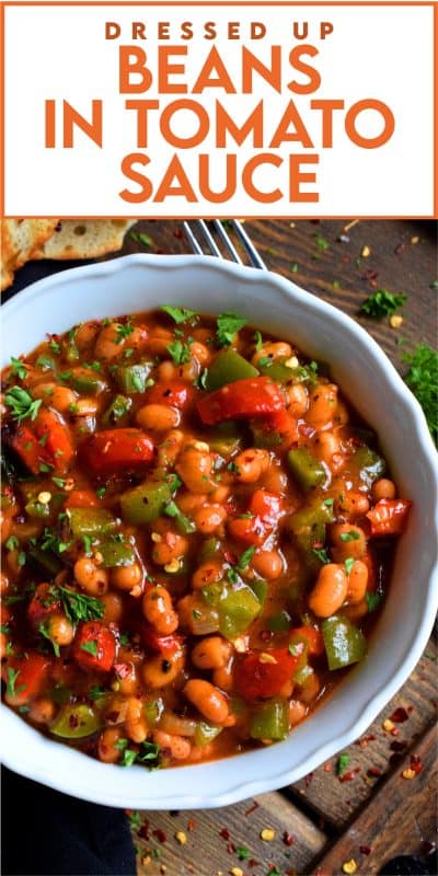 With the help of some fresh vegetables and a few herbs and spices from your pantry or spice rack, this Dressed Up Canned Beans in Tomato Sauce uses plain canned beans and transforms them so that they are extraordinarily flavourful and tastes homemade too! #beans #cannedbeans #homemade #sides