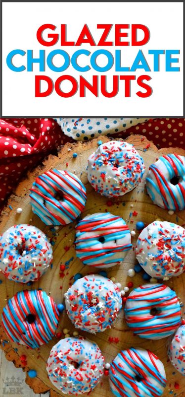 Covered in red, white, and blue frosting and sprinkles, these Glazed Chocolate Donuts scream fourth of July! These will surely be the hit of your family celebrations!#glazed #chocolate #donuts #baked #4thofjuly #sprinkles #patriotic 
