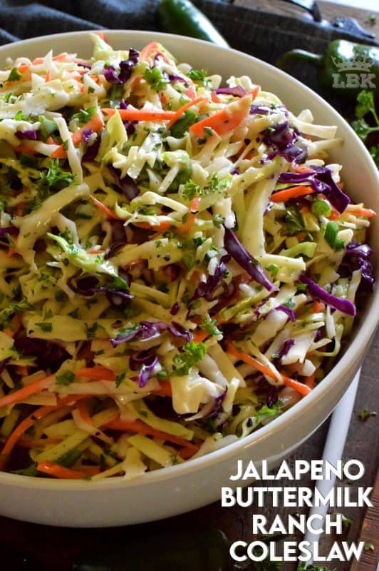 Prepared with fresh vegetables that have been tossed in a homemade dressing and seasoned just right, Jalapeno Buttermilk Ranch Coleslaw is a great side anytime!#buttermilk #ranch #coleslaw #salad #jalapeno