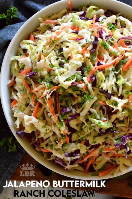 Prepared with fresh vegetables that have been tossed in a homemade dressing and seasoned just right, Jalapeno Buttermilk Ranch Coleslaw is a great side anytime!#buttermilk #ranch #coleslaw #salad #jalapeno