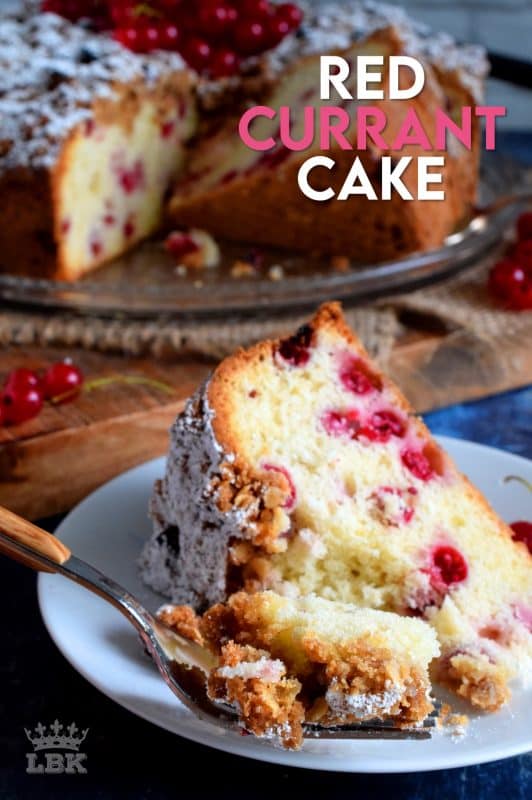 A very simple and rustic cake with a moist center and a crumbly topping. Red Currant Cake is an easy and gorgeous summer dessert! Easily prepared with fresh currants during harvesting season, or with frozen currants throughout the winter months! #red #currant #cake #crumb #topping #currants #redcurrants #coffeecake