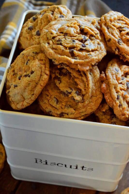 Like the name implies, Graham Crumb Chocolate Chip Cookies are made with crushed graham crumbs, chocolate, and brown sugar. They're a soft-baked cookie with a crispy edge. The texture of the crumbs with the milk chocolate is sensational. These are one of the best cookies you'll ever eat! #cookies #graham #crumbs #chocolate #brown #sugar #wafer