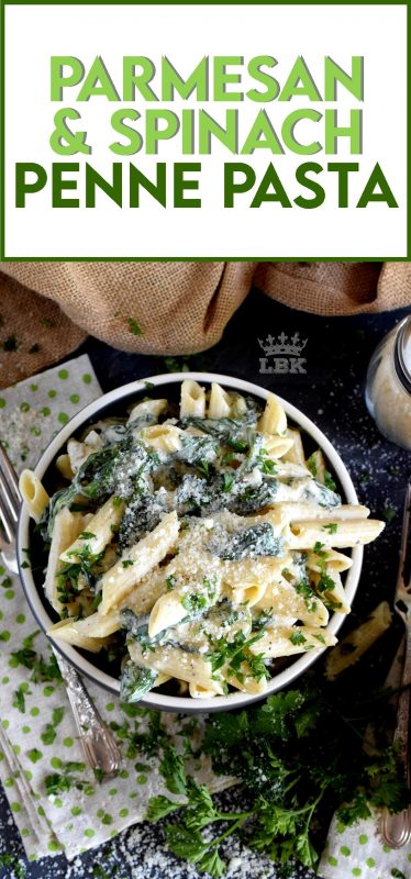 Parmesan and Spinach Penne Pasta is the ultimate creamy pasta lovers dream!  Loaded with parmesan and heavy cream, this pasta is a delightful, non-apologetic dish that provides so much comfort food happiness!#pasta #parmesan #spinach #penne #creamy #meatless