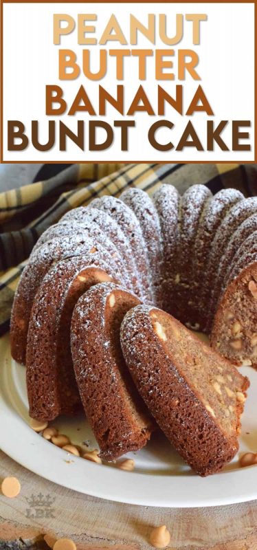 Some ingredients are meant to be eaten together and peanut butter with bananas are no exception.  Peanut Butter Banana Bundt Cake is very moist and loaded with peanuts and peanut butter chips too! #peanutbutter #peanut #butter #cake #peanuts #bundt #chips #baking