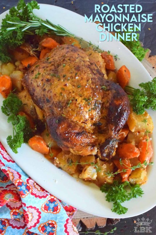 A complete dinner in one pot, Roasted Mayonnaise Chicken Dinner is a whole chicken basted with a mayonnaise sauce and roasted on bed of potatoes, carrots, and onions. #roasted #chicken #dinner #vegetables #onepot #family #mayonnaise