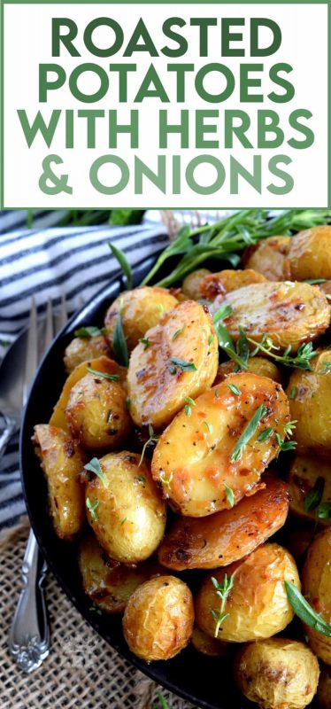 The most humble of all vegetables is absolute perfection in this Roasted Potatoes with Herbs and Crunchy Onions recipe. Soft and fluffy on the inside with a golden exterior, and paired with simple seasonings and onions. #potatoes #roasted #thanksgiving #sidedish #vegetarian