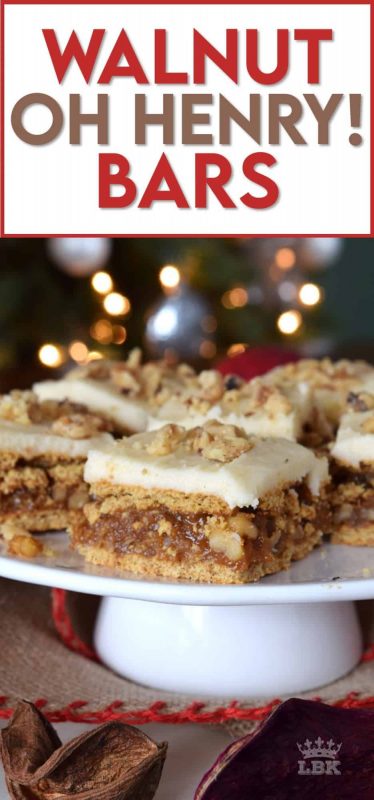 A caramel, walnut, and coconut filling, sandwiched between graham crackers, and topped with a simple buttercream frosting.  Walnut Oh Henry Bars are a deliciously classic Newfoundland Christmastime recipe. #walnut #ohhenry #bars #copycat #christmas #baking #cookies #squares