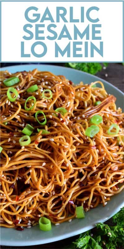 A quick and easy Asian noodle side dish, Garlic Sesame Lo Mein is loaded with classic garlic and ginger flavour, as well as nutty toasted sesame seeds. Make it as spicy or as mild as you want with dried red chilies! #Asian #garlic #sesame #noodles #lomein #mein #Chinese #homemade