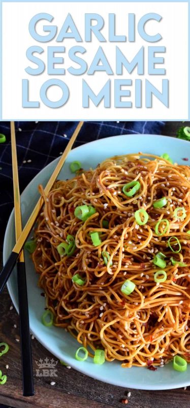 A quick and easy Asian noodle side dish, Garlic Sesame Lo Mein is loaded with classic garlic and ginger flavour, as well as nutty toasted sesame seeds.  Make it as spicy or as mild as you want with dried red chilies! #Asian #garlic #sesame #noodles #lomein #mein #Chinese #homemade