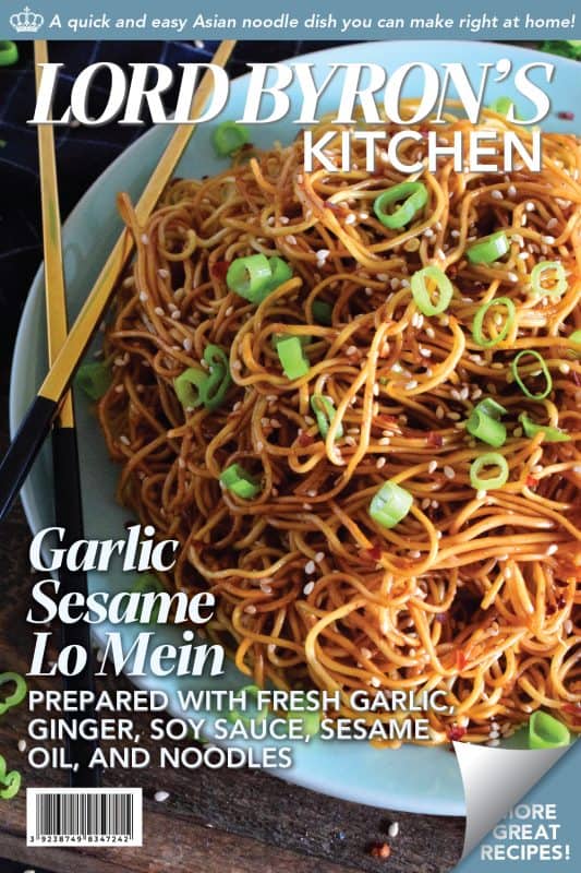 A quick and easy Asian noodle side dish, Garlic Sesame Lo Mein is loaded with classic garlic and ginger flavour, as well as nutty toasted sesame seeds. Make it as spicy or as mild as you want with dried red chilies! #Asian #garlic #sesame #noodles #lomein #mein #Chinese #homemade