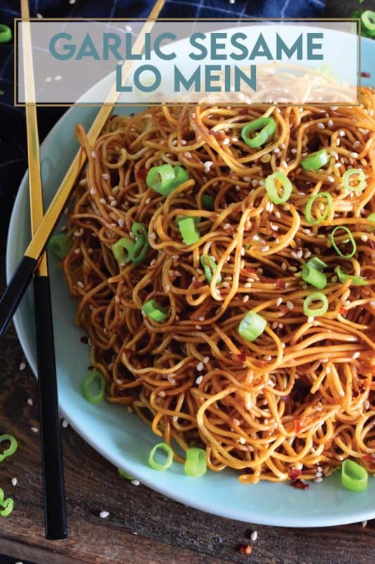 A quick and easy Asian noodle side dish, Garlic Sesame Lo Mein is loaded with classic garlic and ginger flavour, as well as nutty toasted sesame seeds. Make it as spicy or as mild as you want with dried red chilies! #Asian #garlic #sesame #noodles #lomein #mein #Chinese #homemade