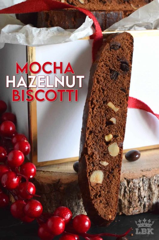 Mocha Hazelnut Biscotti is prepared with deep, rich cocoa, espresso powder, coffee liqueur, chocolate espresso beans, and roasted hazelnuts. This is one very serious biscotti recipe! #biscotti #cookies #mocha #espresso #chocolate #christmas #holiday #baking