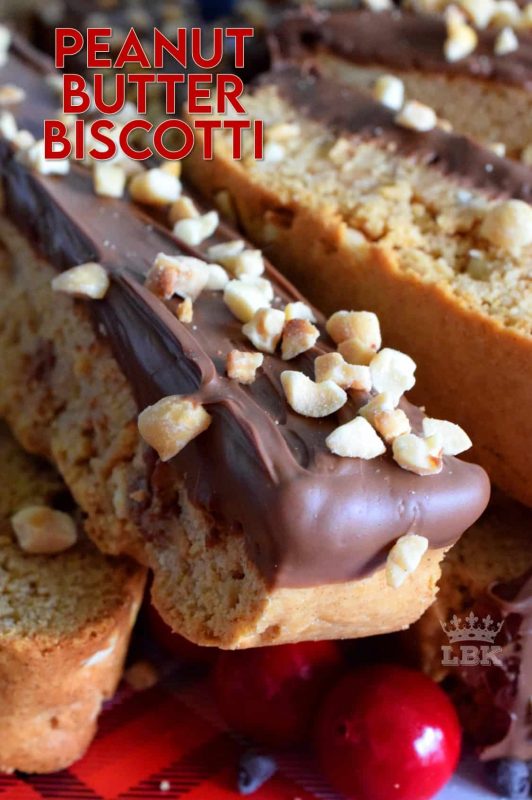A delicious crisp confection that tastes just as good as it looks! Peanut Butter Biscotti is loaded with peanut butter flavour and paired with melted milk chocolate! #peanutbutter #biscotti #cookies #chocolate #christmas #baking #holiday