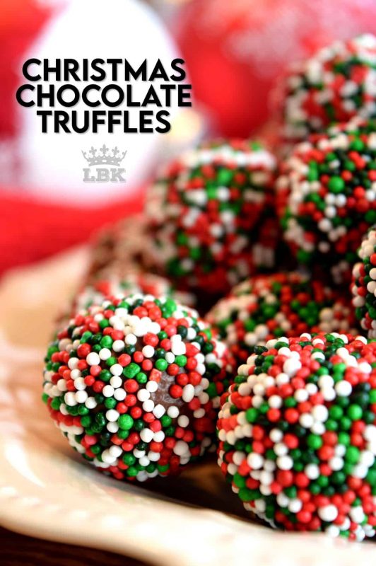 With only 4 ingredients, including the sprinkles, Christmas Chocolate Truffles are easy to make and fun to eat.  These make lovely gifts for friends and neighbours, so make lots!  #truffles #nobake #chocolate #christmas #holiday 