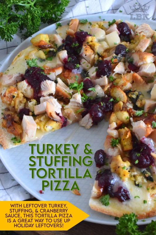Quick and easy, and a great option for using up holiday leftovers! Turkey and Stuffing Tortilla Pizza has all of the holiday flavours your love on a cheesy, crispy, oven-baked tortilla. Doesn't that sound delicious? #tortilla #pizza #turkey #leftover