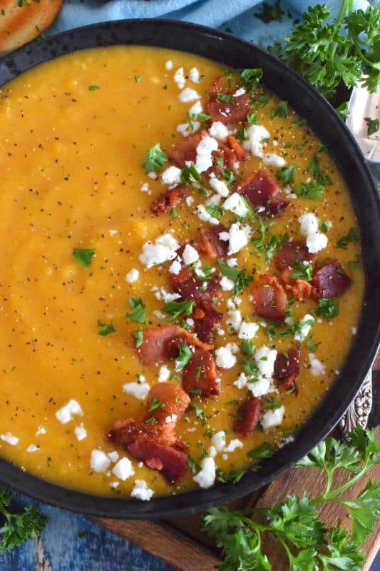 Save yourself some time by using store-bought, frozen squash for this recipe. It's one of those one-pot, all ingredients in at the same time, type of recipes. 30 Minute Butternut Squash Soup is creamy, full of flavour, and a perfectly warm and cozy family meal! #30minuterecipes #soup #vegan #vegetarian #dairyfree #meatlessmonday #butternutsquash #squash