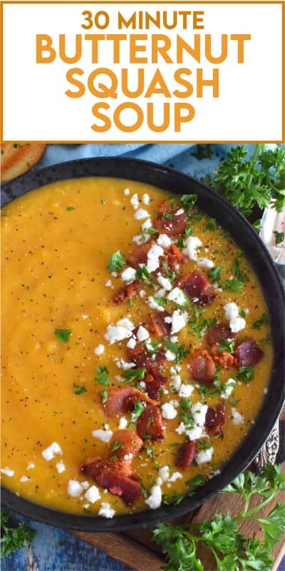 Save yourself some time by using store-bought, frozen squash for this recipe. It's one of those one-pot, all ingredients in at the same time, type of recipes. 30 Minute Butternut Squash Soup is creamy, full of flavour, and a perfectly warm and cozy family meal! #30minuterecipes #soup #vegan #vegetarian #dairyfree #meatlessmonday #butternutsquash #squash