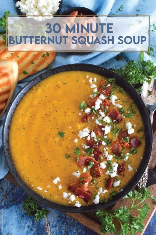 Save yourself some time by using store-bought, frozen squash for this recipe. It's one of those one-pot, all ingredients in at the same time, type of recipes. 30 Minute Butternut Squash Soup is creamy, full of flavour, and a perfectly warm and cozy family meal! #30minuterecipes #soup #vegan #vegetarian #dairyfree #meatlessmonday #butternutsquash #squash