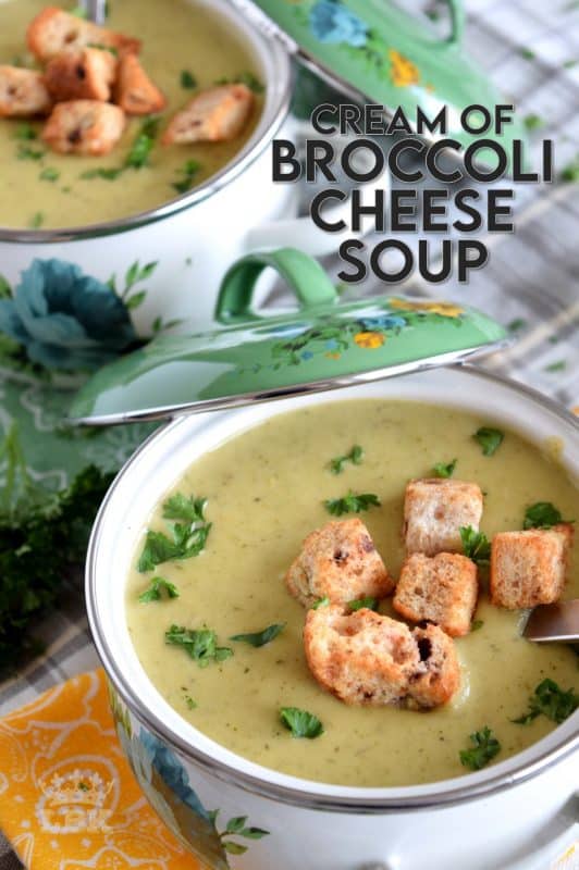 The creamiest, cheesiest, most satisfying Cream of Broccoli Cheese Soup that you will ever find!  This recipe uses the broccoli stalks too - no waste! #broccoli #creamofbroccoli #broccolisoup #creamsoups