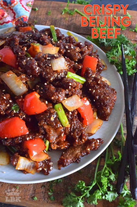 Tender strips of beef, which has been fried until crispy, and then tossed in a sweet, spicy sauce, is what Crispy Beijing Beef is all about!  Prepared with onions and peppers, serve with sticky rice for a complete meal! #crispy #friedbeef #beijingbeef #asianbeef #chinesefood #homemadechinesefood #beef