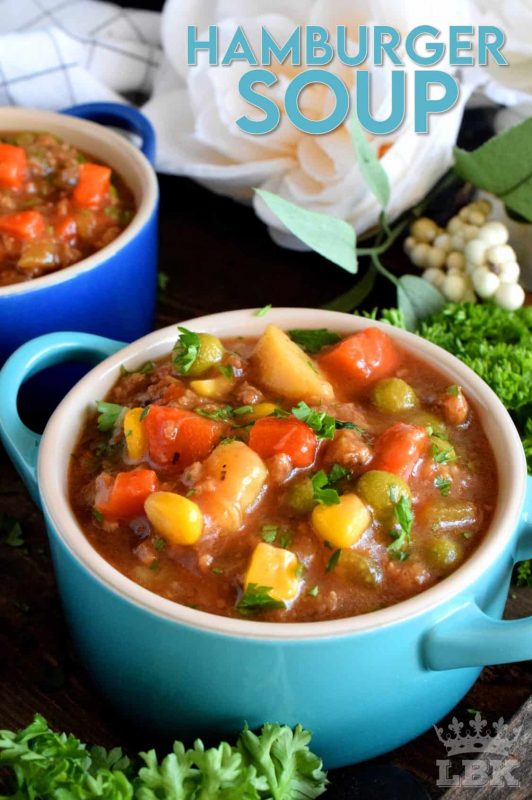 Hamburger Soup is thick and chunky and uses absolutely no fillers.  This soup is all beef and all vegetables; it's also family and budget friendly! #hamburger #ground #beef #soup #stew #family #recipes