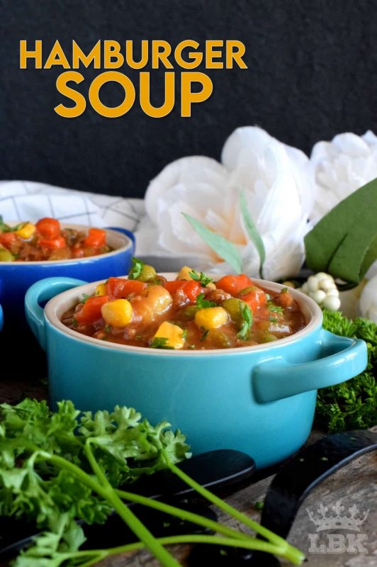Hamburger Soup is thick and chunky and uses absolutely no fillers.  This soup is all beef and all vegetables; it's also family and budget friendly! #hamburger #ground #beef #soup #stew #family #recipes