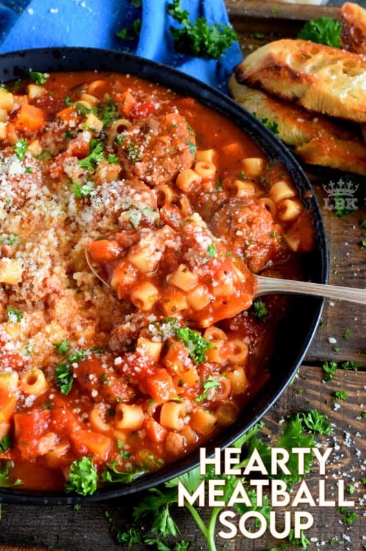 Hearty Meatball Soup is a soup that tastes like a big bowl of homemade pasta and meatballs, but more comforting and warming! #soup #stew #pasta #meatballs #homemade