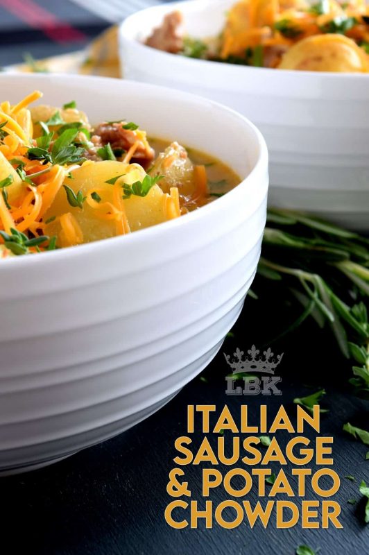 A savoury and hearty chowder which satisfies the cold weather hunger.  Italian Sausage and Potato Chowder is flavourful and filling; you're going to love this recipe! #sausage #italiansausage #chowder #potatosoup #cheese