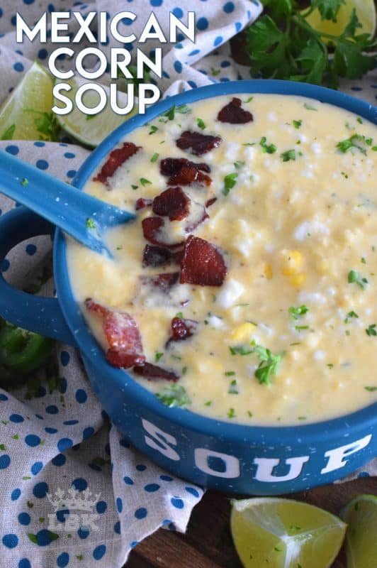 Prepared with sour cream and cream cheese, Mexican Corn Soup is warm and cozy, creamy and cheesy, and has a little bit of heat and zing. Serve with crumbled bacon, tortilla chips, and lime wedges. #mexican #cornsoup #mexicansoup #creamy #cheesy #soup