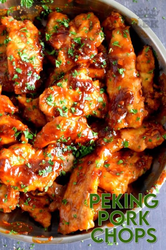 Peking Pork Chops are thin cuts of pork which have been fried and then tossed in a sweet, spicy, and vinegary sauce - quick, easy, and delicious! #peking #pekingpork #porkchops #takeout #homemade