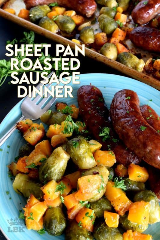 One pan dinners are all the rage, especially one that combines great tasting pork sausage and veggies. Doesn't this look delicious?  It takes only 45 minutes to prepare this delicious Sheet Pan Roasted Sausage Dinner! #sheetpanrecipes #sheetpan #onepan #dinnerecipes #sausage #familyrecipes