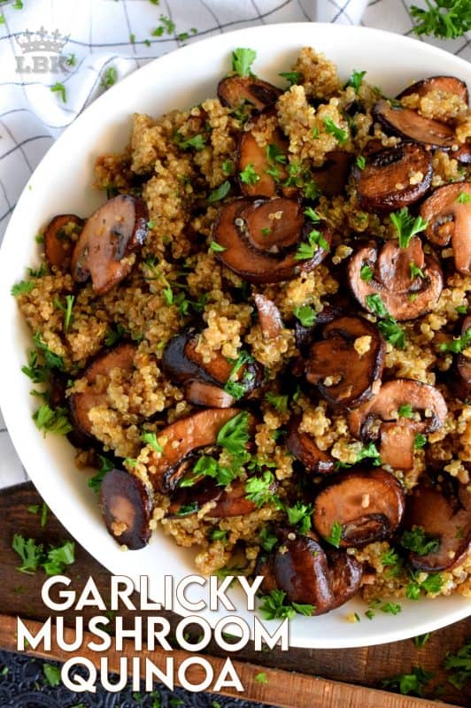 Garlicky Mushroom Quinoa is simple.  It's meaty cremini mushrooms which have been pan-fried in lots of garlic and butter.  It's then combined with cooked quinoa for a very healthy side or main! #garlic #quinoa #vegetarian #mushrooms #healthysides #sidedishes