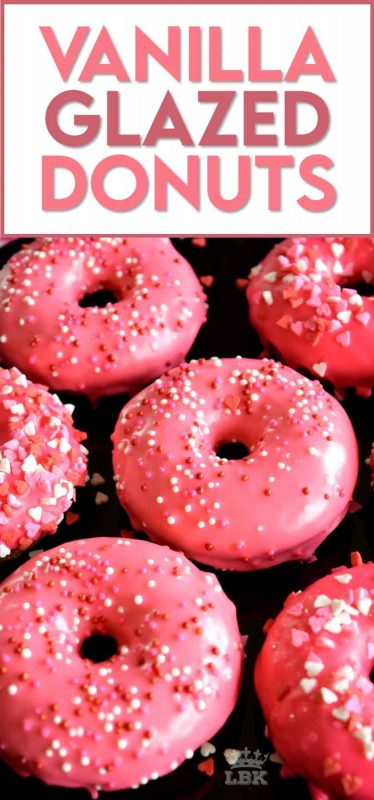Sour Cream Vanilla Glazed Donuts are baked to perfection in only 10 minutes! Share these with your favourite valentine or save them all for yourself! #valentines #recipes #pink #donuts #baked