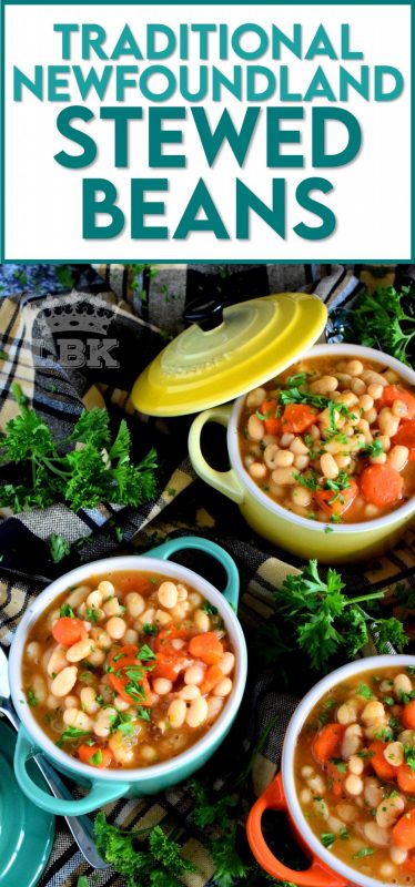 A soup that's worthy of the name stew; meatless and delicious, Traditional Newfoundland Stewed Beans transforms rustic, homey ingredients into a hearty and wholesome meal! #stewedbeans #newfoundland #newfierecipes #stew #soup #newfoundlandrecipes