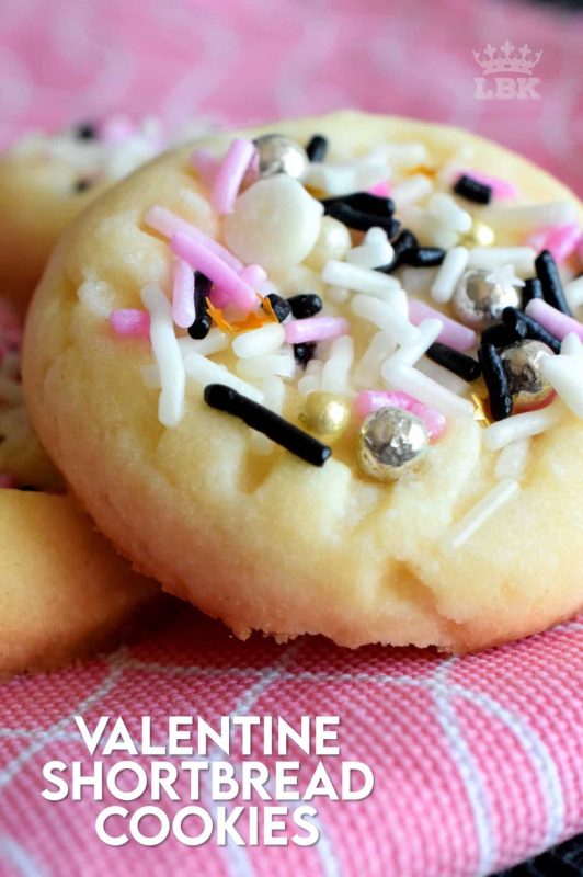 Valentine Shortbread Cookies are not only delicious, but fast and easy too, so that you can have more time to spend with your special valentine! #valentinecookies #valentinetreats #valentinesrecipes #pinkfood #pinkcookies