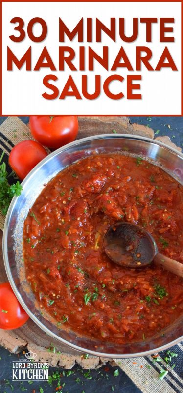 Some people think sauces should be simmered all day. Some people are just too busy for that. 30 Minute Marinara Sauce takes a few shortcuts and the result tastes like it has been simmering since before the sun came up. #marinarasauce #marinara #sauce #homemade #quickandeasy #pastasauce #tomatosauce 