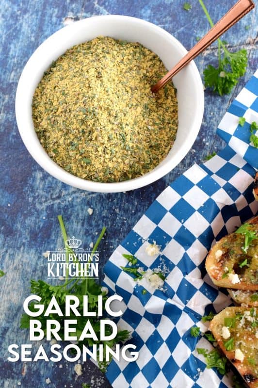 A delicious, garlicky, dry seasoning which makes the best garlic bread in a hurry – sprinkle liberally onto buttered bread and bake. Garlic Bread Seasoning tastes perfectly cheesy even though the seasoning is cheese-free! #garlicbread #vegan #garlicseasoning #garlicbutter #appetizer