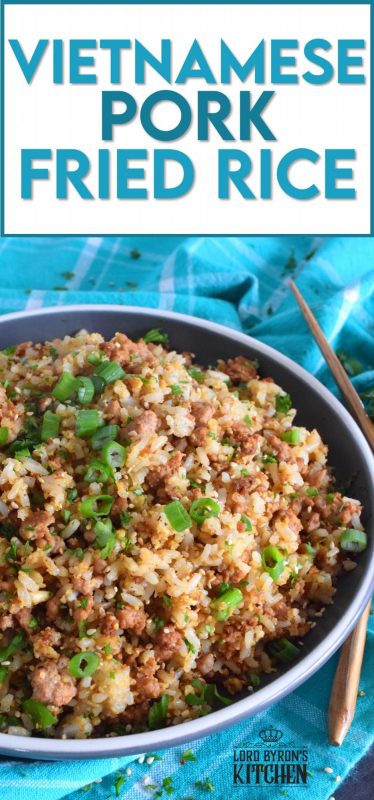 Leftover rice and ground pork are the main ingredients in Vietnamese Pork Fried Rice. Prepared with eggs, garlic, ginger, and green onions, and seasoned with fish sauce, this rice is a complete meal all on its own! #friedrice #pork #vietnameserecipes #porkfriedrice #skillet