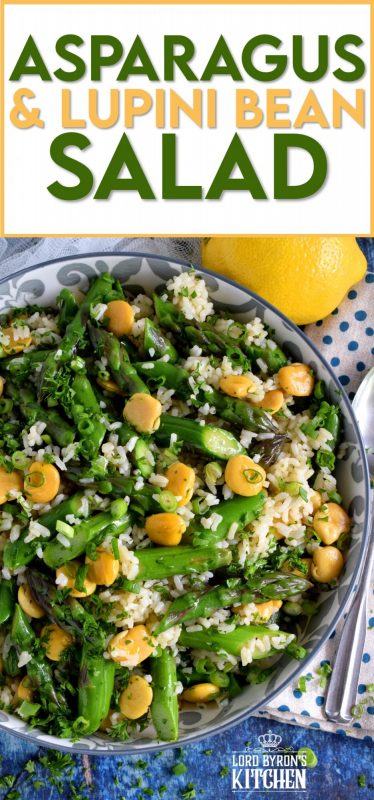 A delicious side salad, yet hearty enough to be a complete meal. Made with asparagus and canned lupini beans, this dish is great served cold or at room temperature! #asparagus #lupini #bean #rice #salad #summer #picnic #backyard
