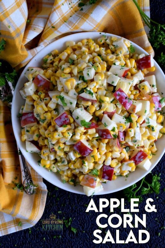 With just a few ingredients, Apple and Corn Salad is one of those great tasting recipes that gives you lots of bang for your buck!  This was oftentimes served with potato salads and chicken for Sunday night supper! #corn #apple #salad #summersalad #cornsalad #applesalad