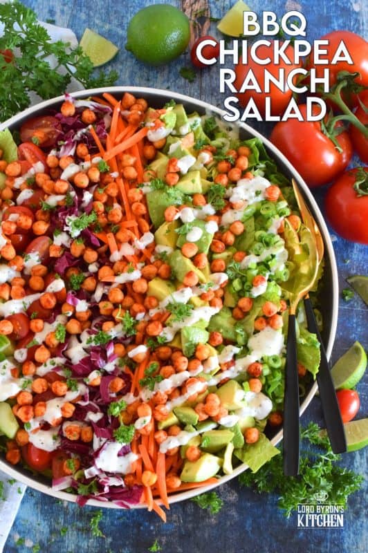 Some salads are light and leave you still hungry, and some salads, like this BBQ Chickpea Ranch Salad, are the complete opposite.  Hearty, filling, delicious, and not even close to being just another boring salad, this one is a meal all on it's own.  Move over side salad; there's no room for you at this table! #bbq #bbqranch #ranch #salad #chickpeas #meatlessmonday #vegetarian #eatyourveggies