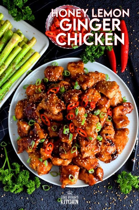Tender pieces of chicken glazed in a thick, sweet, sour, and tangy sauce. Perfectly moist and juicy, Honey Lemon Ginger Glazed Chicken is a dish that's sure to get everyone to the dinner table. Asian-inspired dishes like this are not complicated and so much better than take out! #honeylemon #honeyginger #gingerchicken #asianfood #glazed #stickychicken #chicken