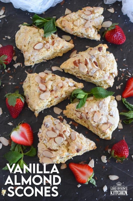 Slightly sweet, with a good splash of vanilla, and crunchy sliced almonds, Vanilla Almond Scones are an absolute delight. Scones quickly become everyone's favourite, so keep this recipe close. You'll make them over and over again. #vanilla #almonds #scones #brunch #basicrecipe #easyscones #baking